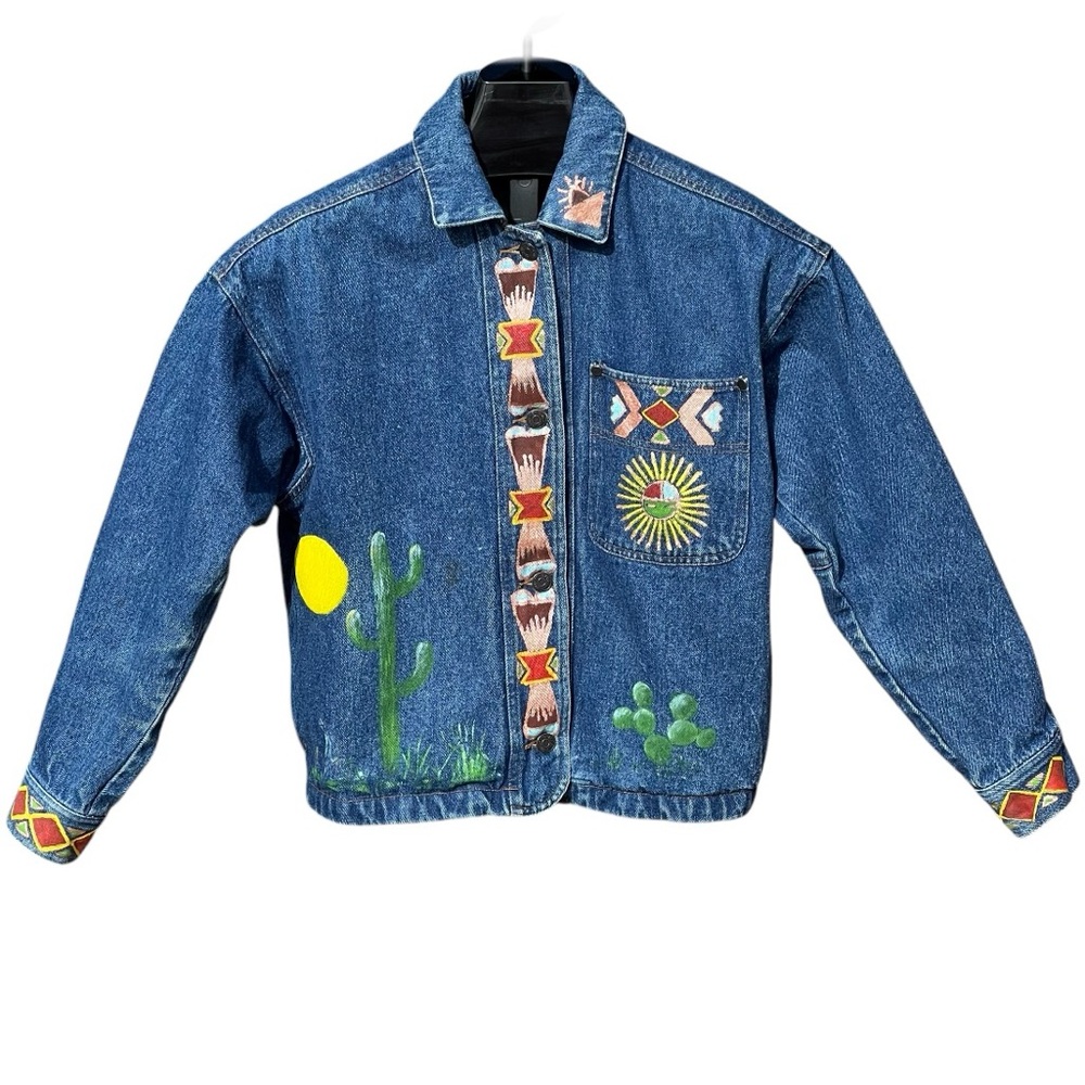 Hand Painted Vintage Ruff Hewn Denim Jean Jacket Southwest Aztec Desert Cactus S